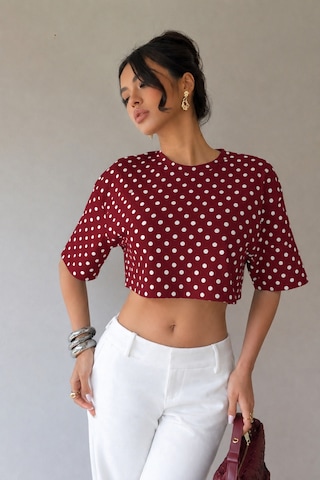 Wild Flower Kadın Puantiye Desenli Crop Tişört Basic Oversize Yazlık Bluz Bordo
