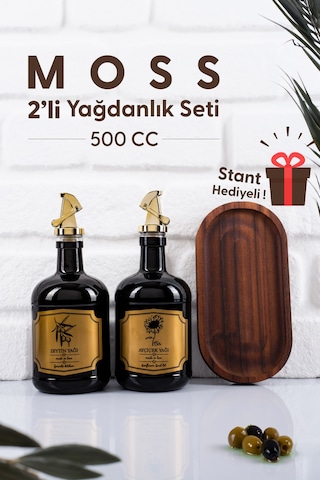 Moss 2'li Ahşap Standlı Damlatmaz Zeytinyağı Sıvıyağ Şişesi Cam Yağdanlık Seti 500 Ml Siyah Siyah