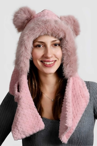 Uniquetrenders Kadın Kulaklıklı Boyun Bağlamalı Yumuşak Peluş Şapka Pudra