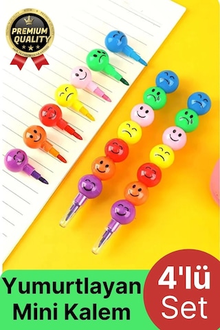 Özel Seri İlkokul Okul Öğrenci Renkli Hafif Eğlenceli Emoji Yüzlü Yumurtlayan Mini Kalem 4'lü Set