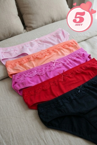 Mataş Kadın 5'li Paket Dantel Detaylı Pamuklu Bikini Külot Esnek İz Yapmaz Yumuşak İç Çamaşırı Çok Renkli