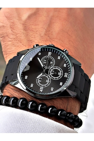 Premium Tasarım Silikon Kordon Exclusive Serisi Metal Kasa Erkek Kol Saati-bileklik Hediyeli Siyah