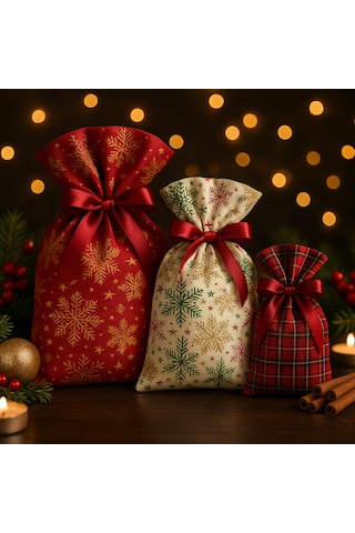 Yılbaşı Temalı Kumaş Hediye Kesesi 3 Lü Set Kırmızı, Ekoseli Ve Kar Tanesi Desenli 12 17 17 25 25 35cm 3'lü Set
