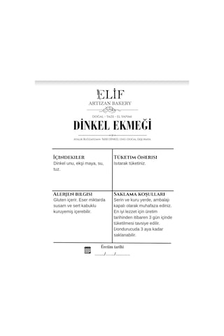 Elif Artizan Bakery Ekşi Mayalı Dinkel Ekmeği 750 G