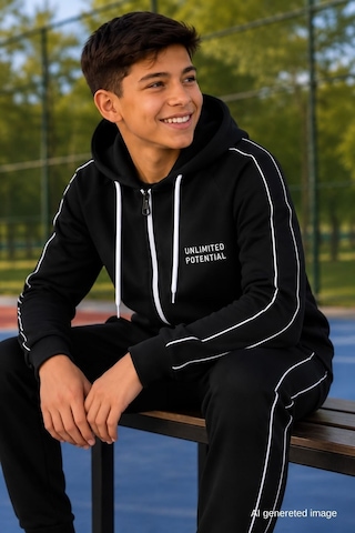 Pina Kids Erkek Çocuk Scuba Unlimited Çift Şeritli Kapüşonlu Reglan Kol Dalgıç Kumaş Eşofman Takımı Esf7024 siyah