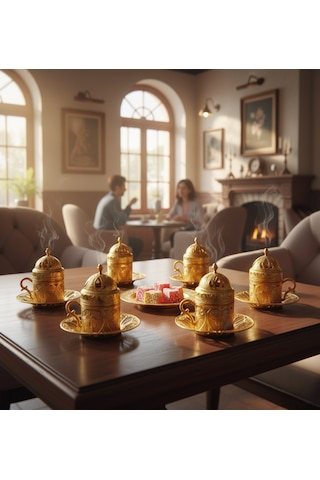 Defne 6 Kişilik 24 Parça Metal Porselenli Altın Renk Kahve Fincan Seti Altın