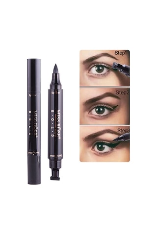 Sones 2'si 1 Arada Siyah Su Geçirmez Çift Başlı Hızlı Kuruyan Eyeliner Mühür Damga Kalemi