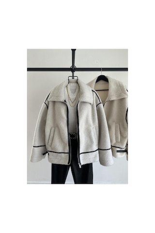 Mypagebutik Doly Siyah Şeritli Beyaz Peluş Ceket Beyaz Beyaz