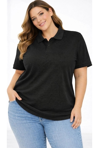 Wear Vexel Kadın Battal Beden Tişört Polo Yaka Pike Kumaş Kısa Kol T-shirt - Siyah Siyah