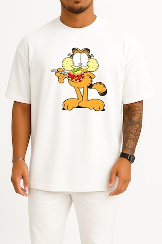 Bahriyeli Collection Oversize Garfield 'ın Bingo Alt Özelliği Lasagneg Göğüs Tasarımlı Unisex T-shirt Beyaz