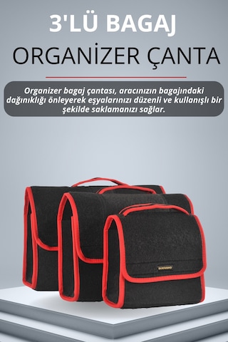 3'lü Cırtlı Keçe Kumaş Oto Bagaj Çantası Geniş Hacimli,dayanıklı,araç İçi Düzenleyici Kırmızı Kenar