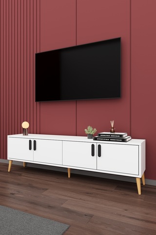 Asra Trend Tv Ünitesi T-01 %100 MDF 160 cm Tv Sehpası 4 Kapaklı Raflı Beyaz