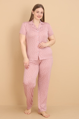 Wordex Mirano 2852 Minik Kalpli Milan Kumaş Kısa Kollu Düğmeli Büyük Beden Kadın Pijama Takımı Gül Kurusu