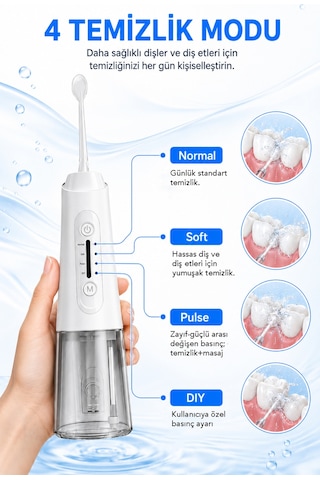 Şarjlı Ağız Duşu - 320ml Su Hazneli 5 Başlık 4 Çalışma Modlu Su Geçirmez Ağız Diş Dil Temizleyici Beyaz