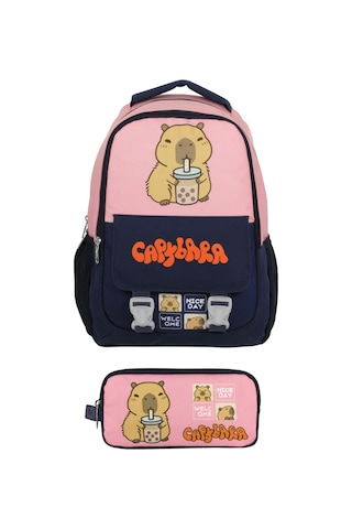 Capybara Kız Çocuk İlkokul Sırt Çantası Ve İki Gözlü Kalemlik Seti - Lacivert - Pembe - Setcpb5203c Çok Renkli