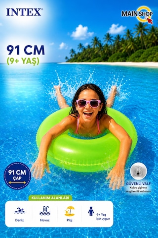 Mainshop Intex Fosforlu Neon Büyük Boy Deniz Simidi 91 Cm 9+ Yaş Yetişkin - Çocuk Havuz Simidi M- 59262