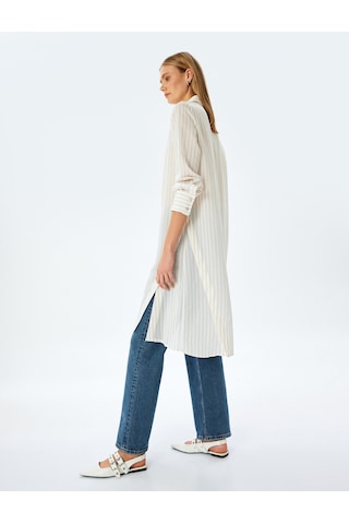 Koton Çizgili Gömlek Yaka Uzun Kollu Oversize Midi Tunik Elbise Kahverengi Çizgili 5sak80063uw 5s5