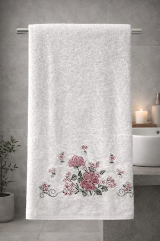 Bambu Pamuk Çiçek Nakışlı 50 X 90 Cm Nakışlı El Havlusu Açık Hardal