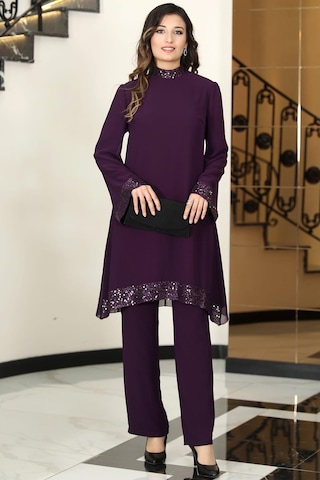 Umay Şifon Tunik Pantolon İkili Tesettür Takım Mürdüm Mürdüm