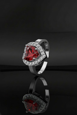 925 Ayar Lal Taşlı Rodyum Pırlanta Işıltılı Kalp Ayarlanabilir Gümüş Yüzük Rr10032 Gümüş