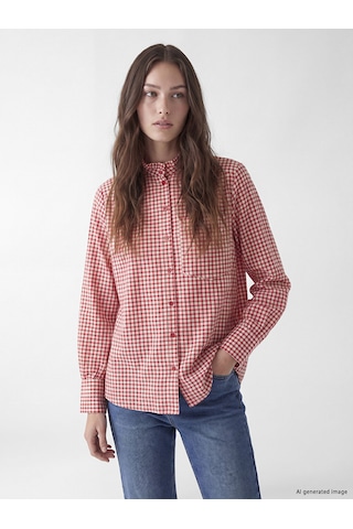 Lcw Modest Kırmızı Hakim Yaka Ekose Oversize Kadın Gömlek
