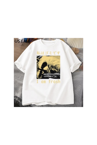 Tarzsokak Ben Çöp Japon Rakun Baskı T-shirt Harajuku Vintage Yüksek Kalite Pamuk Kısa Kollu Tişört Erke 2819 Beyaz