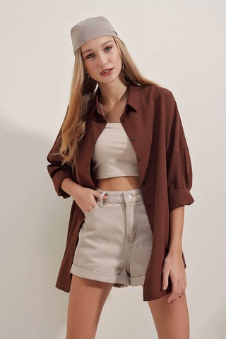 Bigdart Oversize Uzun Basic Kahverengi Kadın Gömlek 3900 Kahverengi