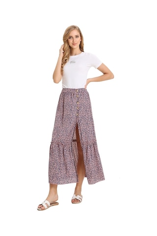 Sones Yüksek Bel Çiçekli Plise Vintage Bölünmüş Etek Pembe