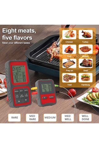 Padalink Kesin Isı Ölçer: Kablosuz 150m, Işıklı Ekran, Alarm & Zamanlayıcı, Mıknatıs Ve Asma Özelliği, 2 Prob - Barbekü/pişirme İçin Gümüş