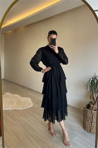 Neşeli Butik Kadın Kat Kat Volanlı Kuşaklı Midi Şifon Elbise Nm004 Siyah
