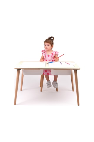 Montessori Çocuk Ahşap Oyun Etkinlik Çalışma Masası Seti, Sandalyeli Ve 2 Saklama Alanlı Ahşap