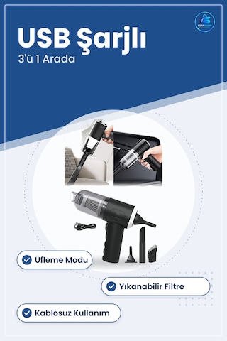 El Tipi Süpürge Mini Usb Şarjlı 3'ü 1 Arada Araç İçi Ev Temizliği