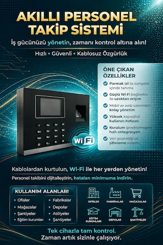 Kablosuz Wifi Parmak İzi Kartlı Okuyucu Personel Takip -maaş Puantaj Giriş Çıkış Yazılımı (10 KART DAHİL)