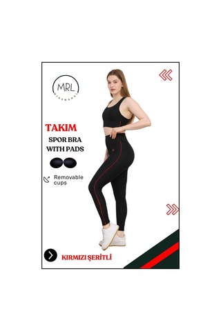 Missmaral Kadın Spor Takım Yüksek Bel Tayt Pedli Büstiyer Sport Team High Waist Padded Bustier Black 3048 Siyah Kırmızı