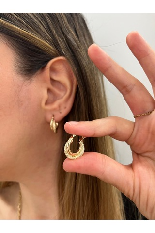 Altın Nesil - 14 Ayar Altın Kumlu Çift Halka Yuvarlak Küpe Altın - Beyaz Altın