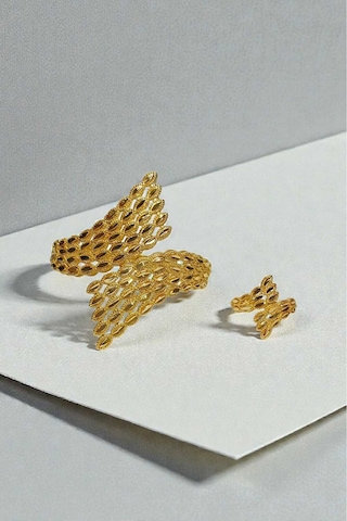 Altın Kaplama Mekik Desenli Kelepçe Bilezik Ve Yüzük Seti - Ağır İşçilikli İkili Kadın Takım Gold