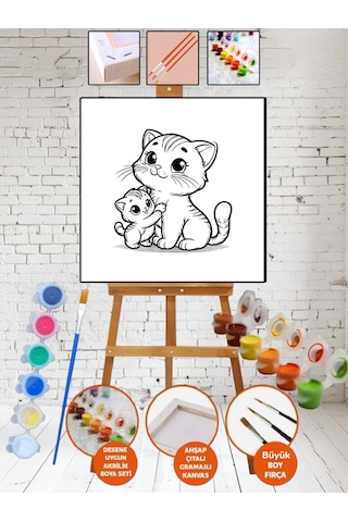 Sayılarla Kanvas Kedi Yavru Boyama 20x20 Tuval Fırça Etkinlik Ve Hobi Çocuk Seti