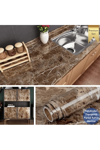 Technosmart 60x300cm Mermer Desen Kendinden Yapışkanlı Duvar Kağıdı Kaplama Mutfak Tezgeh Masa Folyo Kahverengi