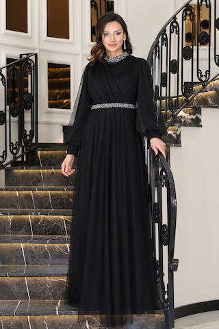 Senna Taş Detaylı Büyük Beden Şık Tesettür Abiye Siyah