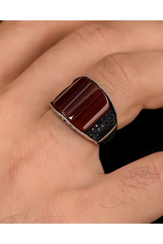 Prestij Gümüş 925 Ayar Gümüş Akik Taşlı Zirkon Taş Süslemeli Erkek Yüzüğü