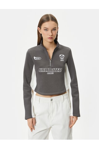 Koton Yarım Fermuarlı Sweatshirt Crop Dik Yaka Renk Bloklu Gri 4sal10520ık Gri