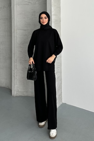 Feela Moda Kadın Modal Penye Oversize Tesettür Tunik Takım 2020 Siyah