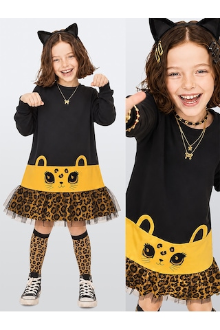 Deno Kids Denokids Kız Çocuk Leopar Aplikeli Tüllü Pamuklu Elbise Siyah Uzun Kollu Rahat Şık Tasarım 3-8 Yaş Çok Renkli