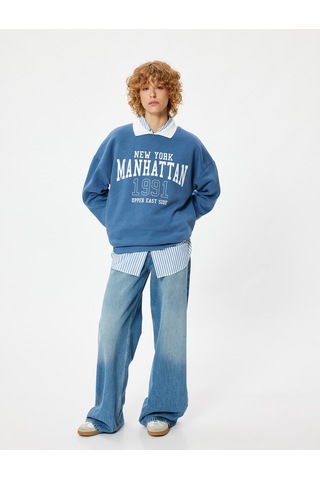 Koton Polo Yaka Sweatshirt Kolej Baskılı Uzun Kollu Mavi 5wal10205ık Mavi