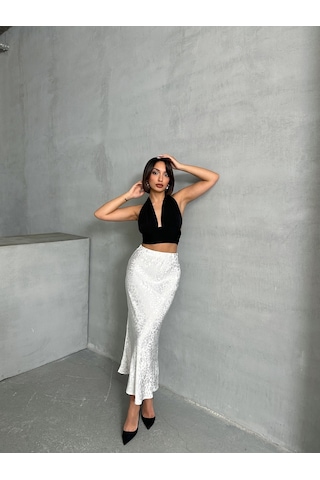 Kadın Leopar Desenli Uzun Saten Etek Beyaz