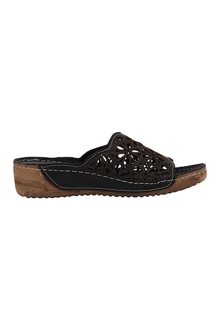 Napa Shoes Rahat Kalıp Lazer Detaylı Hakiki Deri Kadın Dolgu Topuk Terlik Napa-226l Siyah