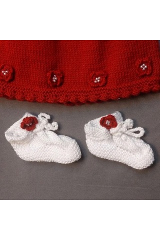 Uretti - Talia 8659 - 8853 El Örgüsü Kız Çocuk Elbise - Bandana - Patik Üçlü Takım - 0 / 9 Ay Kırımızı - Beyaz