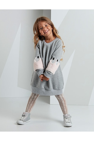 Denokids Mushi Peluş Kollu Kız Elbise Çok Renkli