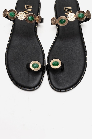 Luvishoes Martınez Siyah Yeşil Tokalı Hakiki Deri Kadın Parmak Arası Terlik