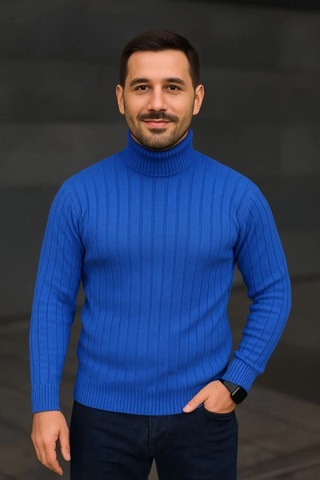 Efnaz Style Erkek Balıkcı Yaka Bağazlı Triko Kazak Pamuklu Kalın Fitilli Dokuma, Regular Fit Uzun Kollu Kışlık Model - Saks Mavisi